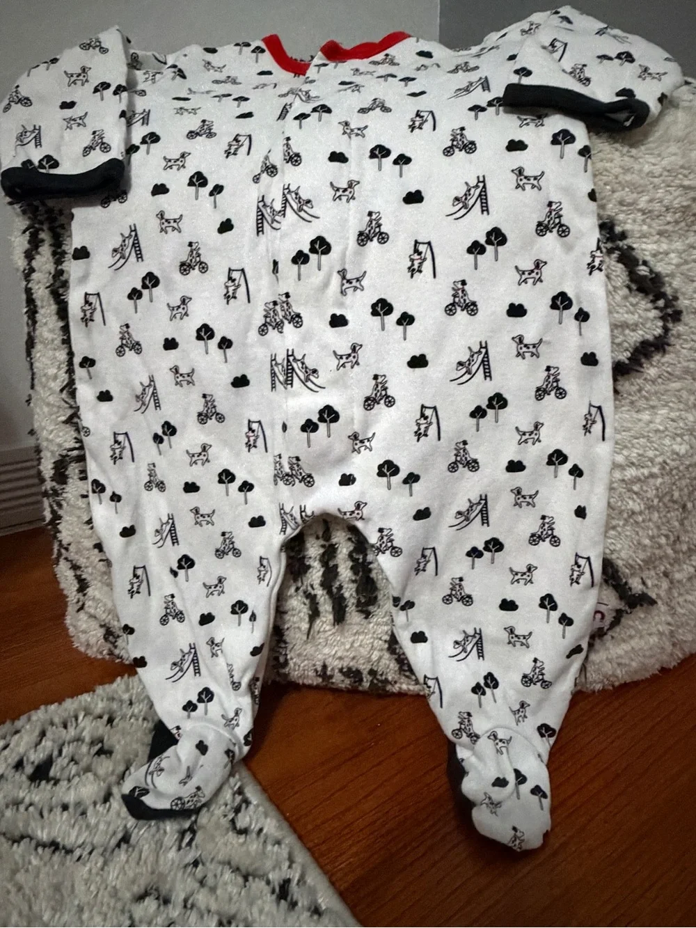 E=MC2 Magnetic Dog Park Print Red White Black Footie Sleeper 3–6 Months unisex